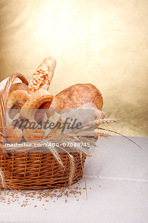 Variety of baked products in basket.