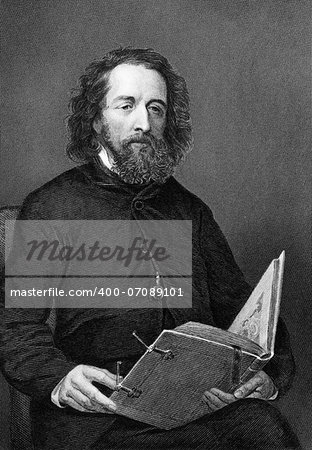 Alfred Lord Tennyson (1809-1892) on engraving from 1872. Poet Laureate of Great Britain and Ireland during Queen Victoria's reign. One of the most popular British poets. Engraved after a painting by A.Chappel and published in "The Masterpiece Library of Short Stories'',USA,1872.