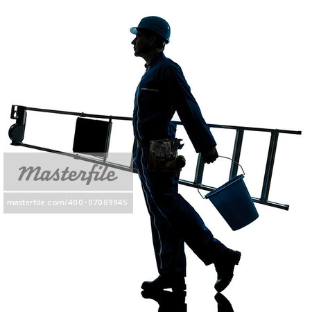 one caucasian repairman worker ladder walking silhouette in studio on white background