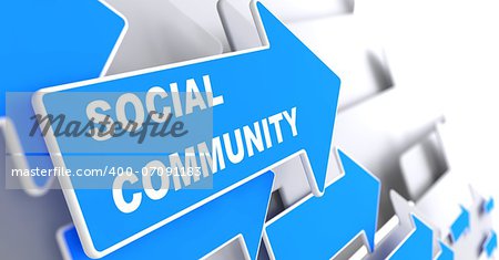 Social Community - Social Concept. Blue Arrow with "Social Community" slogan on a grey background. 3D Render.