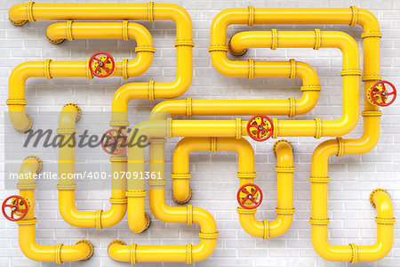 yellow gas pipes on a brick wall.