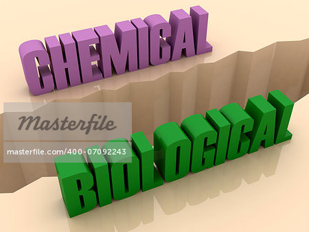 Two words CHEMICAL and BIOLOGICAL split on sides, separation crack. Concept 3D illustration.