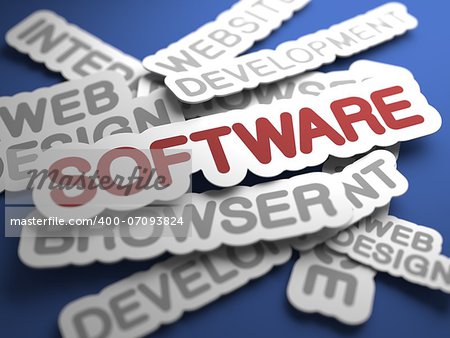 Software Text on Blue Background with Selective Focus. 3D Render.
