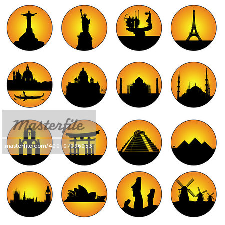 orange buttons famous places in the world on a white background