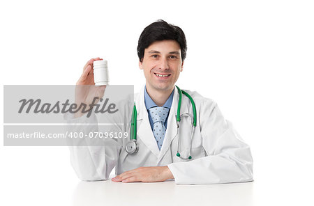 doctor showing a bottle of pills