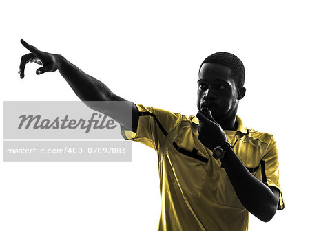 one african man referee whistling pointing in silhouette  on white background
