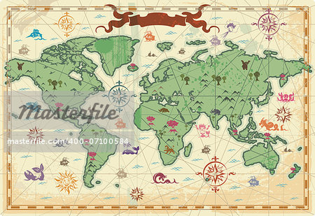 Retro-styled map of the World with trees, volcanos, mountains and fantasy monsters. Vector illustration.