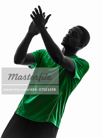 one african man soccer player applauding green jersey in silhouette  on white background