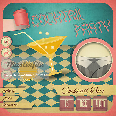 Retro card. Invitation to cocktail party in vintage style. Square format. Vector illustration.