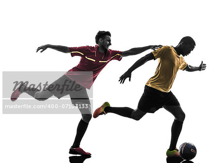 two men soccer player playing football competition in silhouette  on white background