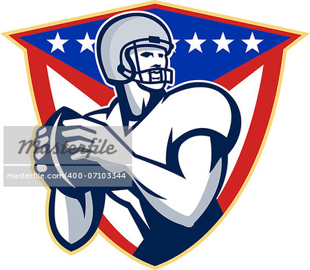 Illustration of an american football gridiron quarterback player throwing ball facing side set inside crest shield with stars and stripes flag done in retro style.