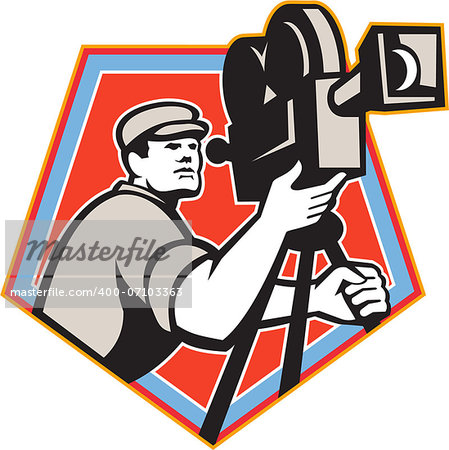 Illustration of a cameraman movie director shooting filming with vintage camera set inside shield crest done in retro style.