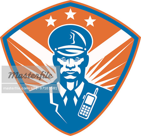 Illustration of an african american policeman security guard police officer set inside shield crest with stars done in retro style.
