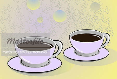 Two cups of black coffee against a patterned background.