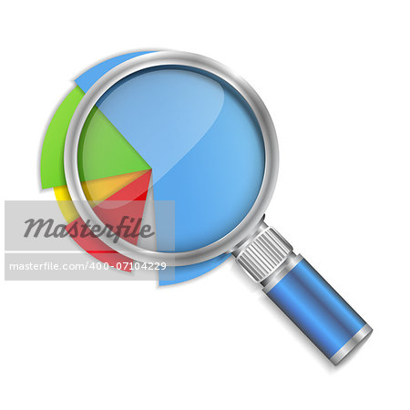 Magnifying glass and pie chart on white background, vector eps10 illustration
