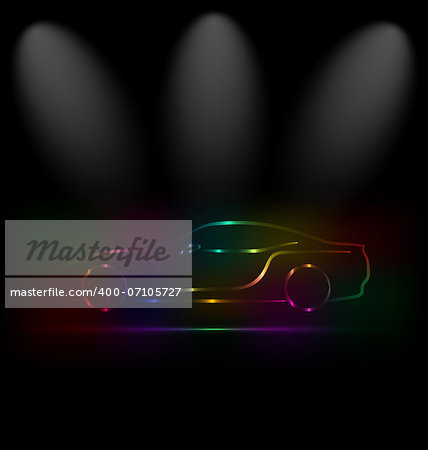 Illustration silhouette of colorful car in darkness - vector