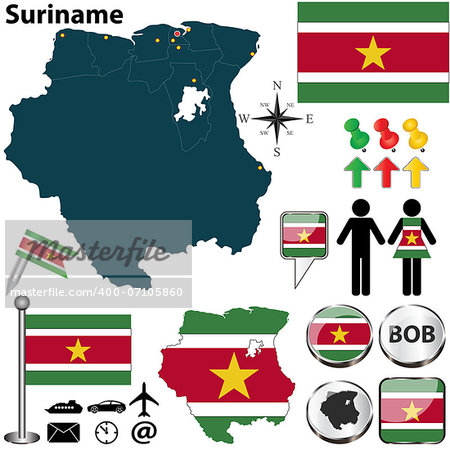 Vector of Suriname set with detailed country shape with region borders, flags and icons