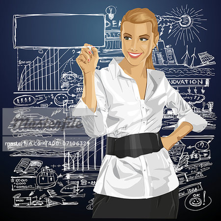 Idea concept. Vector Business woman writing something. All layers well organized and easy to edit