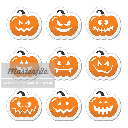 Celebrating halloween - pumpkin with scary faces labels set isolated on white