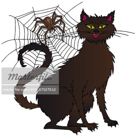 Cat and spider - vector illustration.