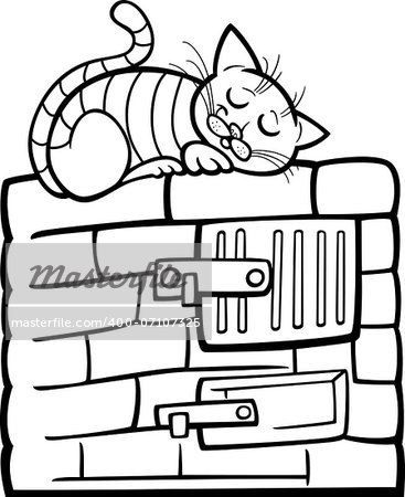 Black and White Cartoon Illustration of Tabby Cat Sleeping on Stove for Coloring Book
