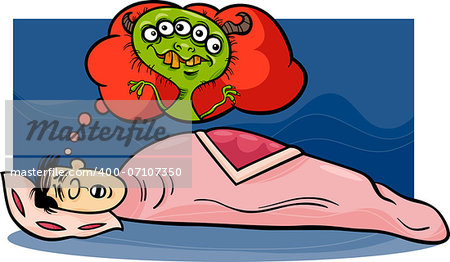 Cartoon Concept Illustration of Funny Man Dreaming a Nightmare about Monster