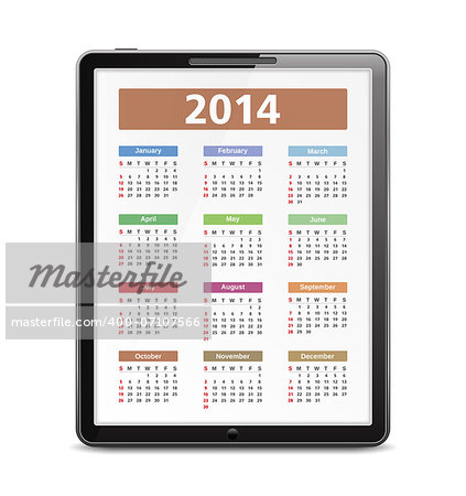 2014 Calendar on the screen of tablet pc, vector eps10 illustration