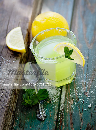 Fruit drinks. Fresh lemonade with sugar. Margarita cocktail