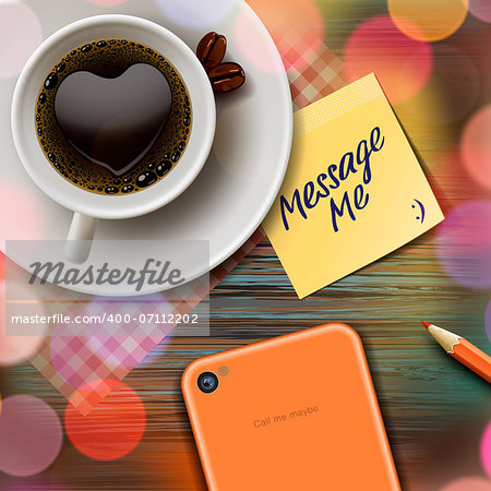 Autumn cup of coffee, tablet, stick note, vector Eps10 image.
