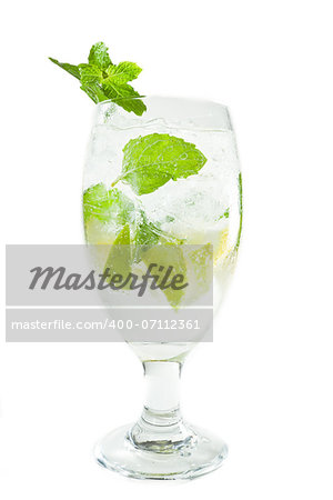 mojito isolated on a white background with fresh mint garnish and lemon and lime slices