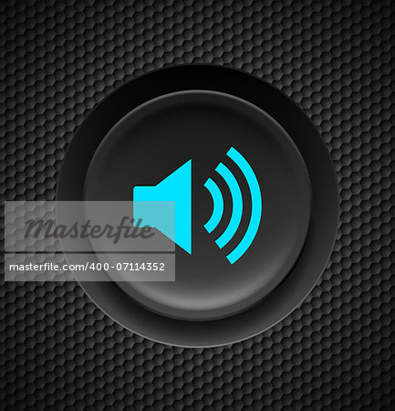 Black and blue sound button on carbon background.