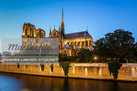 Notre Dame de Paris Cathedral and Seine River in the Evening, Paris, France