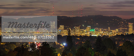 Portland Oregon Downtown City Skyline Lights Up at Dusk Panorama