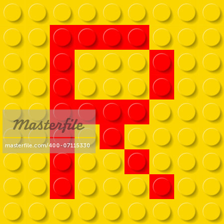 Red letter R in yellow plastic construction kit. Typeface  sample.