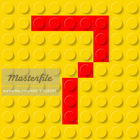 Red number seven in yellow plastic construction kit. Typeface  sample.