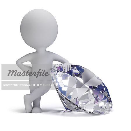 3d small person standing next to a big diamond. 3d image. Isolated white background.