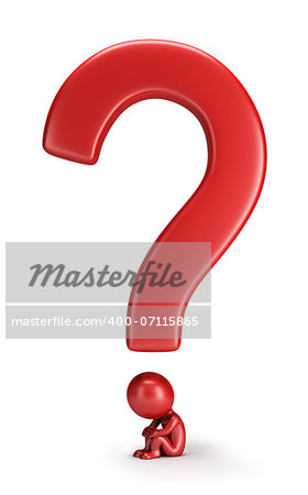 3d small person sitting under a question mark. 3d image. White background.