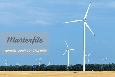 Wind turbine farm stretching above land used for agriculture