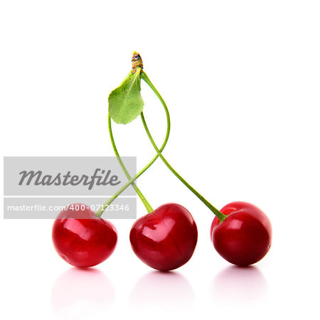 Red cherries with stem isolated on white background.