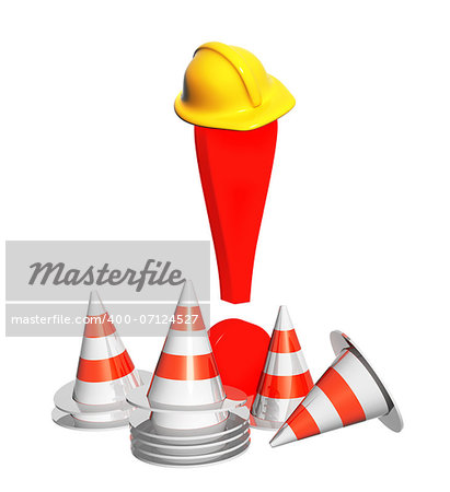Exclamation mark, road cones and hat. Objects isolated oh white background