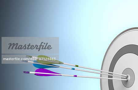 Three arrows hitting the center of a target. Image over a blue background with free space for text