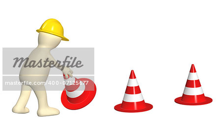 3d puppet with emergency cones. Isolated on white background