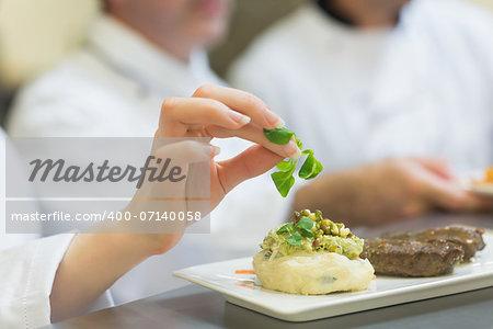 Female chef garnishing a plate with steak in commercial kitchen