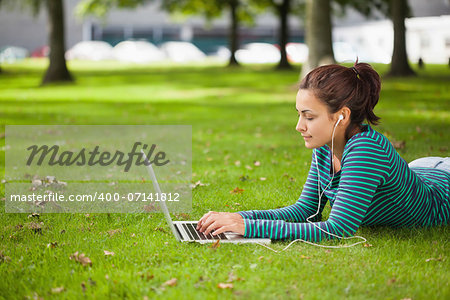 Calm casual student lying on grass using laptop on campus at college