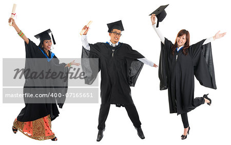 Full body group of multi races university student in graduation gown jumping isolated on white background