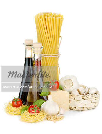 Pasta, tomatoes, basil, olive oil, vinegar, garlic and parmesan cheese. Isolated on white background