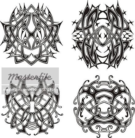 Symmetrical knot patterns. Set of black and white vector illustrations.