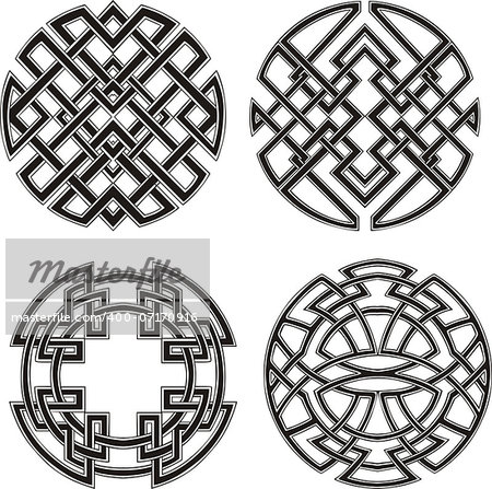 Symmetrical round knot patterns. Set of black and white vector illustrations.