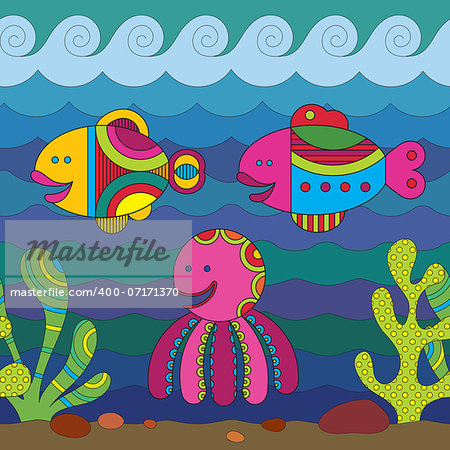 Stylize fantasy fishes under water.