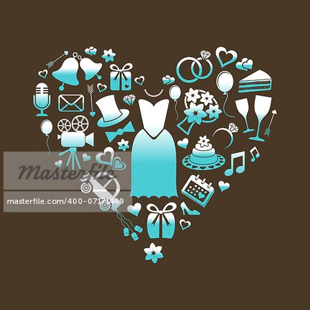 Set of turquoise and white silhouette wedding icons inside a heart shape